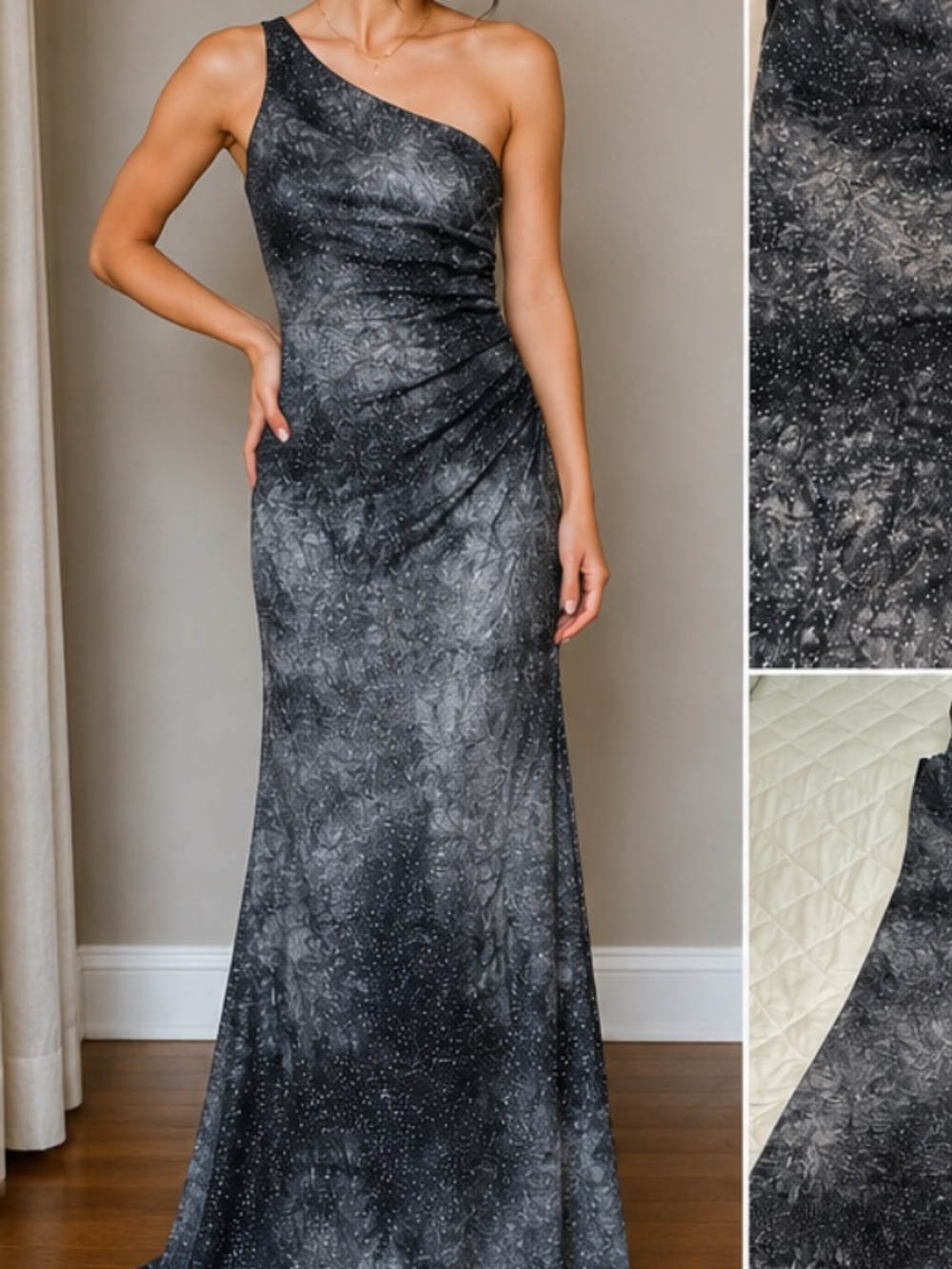 Vintage Y2K City Triangles Black & Silver Glitter Ruched Maxi Dress